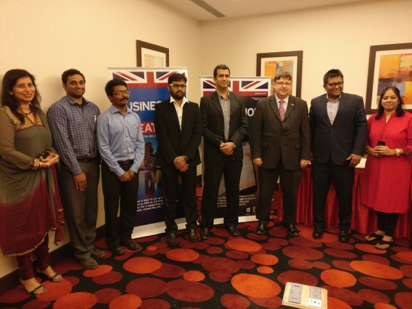 Tech Rocketship Award winners posing with British Deputy High Commissioner Dominic McAllister and Gita Krisnankutty – first secretary of head of inward investment India.