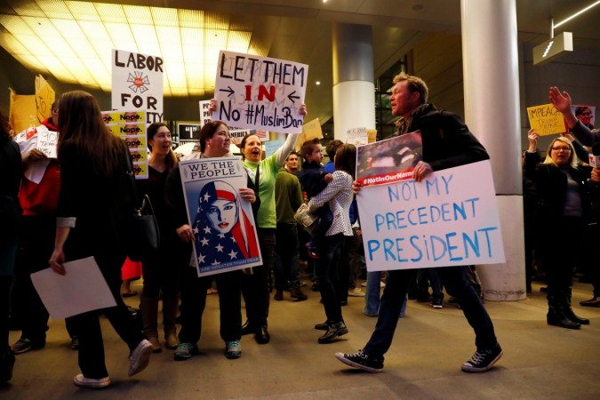 People protest Donald Trump's travel ban from Muslim majority countries at the International terminal at Los Angeles International Airport (LAX) in Los Angeles, California, U.S., January 28, 2017. muslims in us, protestors