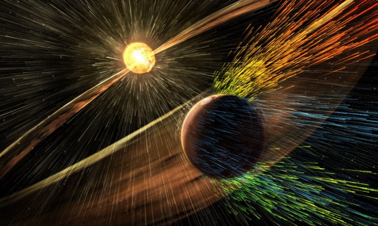 An artist's illustration of Mars' atmosphere being stripped off by particle surges from the sun. Star,Mars,Sun,Space,