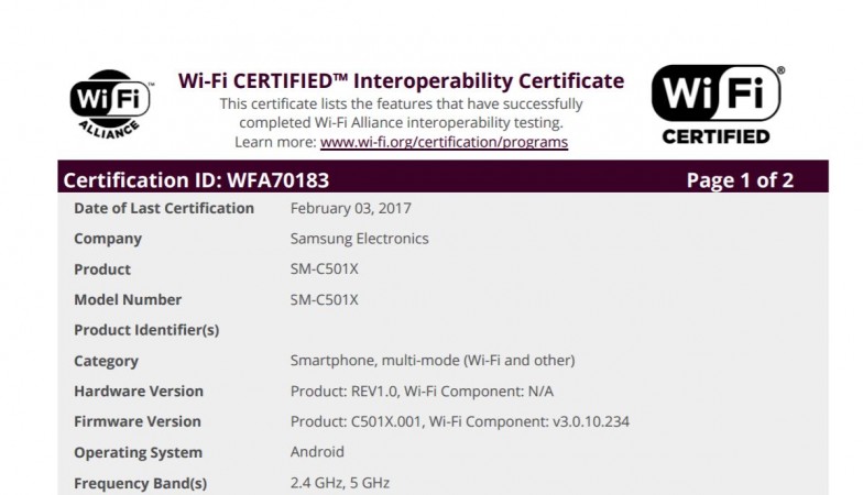 Samsung Galaxy C5 Pro's Wi-Fi Alliance certifications hints at global launch Samsung, Galaxy C5 Pro, Wi-Fi Alliance, certifications, global launch, Galaxy C9 Pro