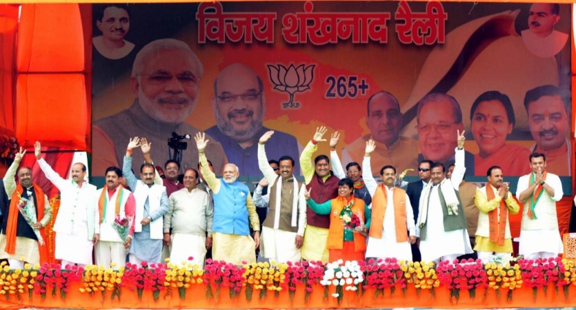Prime Minister and BJP leader Narendra Modi with Uttar Pradesh BJP chief Keshav Prasad Maurya during a rally in Aligarh of poll bound Uttar Pradesh on Feb 5, 2017 Modi rally, UP elections, BJP Assembly elections, UP Assembly Elections, Keshav Prasad Maurya