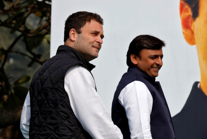 Congress vice-president Rahul Gandhi (L) and Samajwadi Party (SP) president and Uttar Pradesh Chief Minister Akhilesh Yadav arrive to address a joint news conference in Lucknow, February 11, 2017 Congress Vice-President Rahul Gandhi and Samajwadi Party (SP) president and Uttar Pradesh Chief Minister Akhilesh Yadav