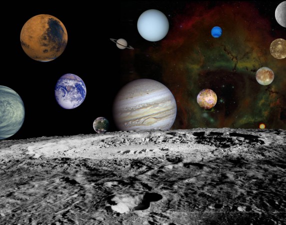 This montage of images taken by the Voyager spacecraft of the planets and four of Jupiter's moons is set against a false-color Rosette Nebula with Earth's moon in the foreground.