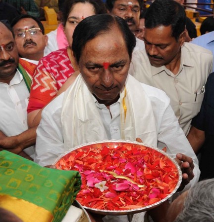 Telangana Chief Minister K Chandrasekhar Rao offers a 'bangaru meesalu' (gold moustache) costing around Rs 75,000, fulfilling a vow he had taken during the movement for a separate state; at Kuravi Veerabhadra Swamy Temple in Mahabubabad district of Telangana on Feb 24, 2017. gold offerings by kcr, telangana chief minister offers gold, gold moustache offering by kcr, bangaru meesalu by kcr, tirupati temple