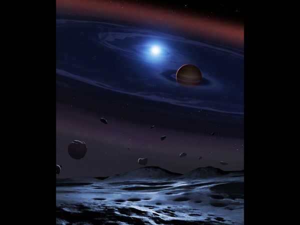 A disc of rocky debris from a disrupted planetesimal surrounds a white dwarf and a brown dwarf binary star. exoplanet,planetary system, white dwarf, brown dwarf, space,