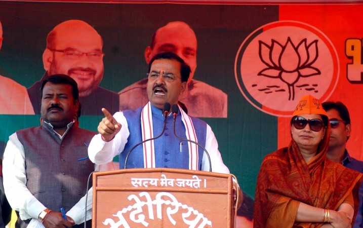 Uttar Pradesh BJP chief Keshav Prasad Maurya addresses during a party rally in Agra, on Feb 2, 2017. uttar pradesh assembly election 2017, up bjp chief keshav prasad maurya, up election results 2017, sp-congress, akhilesh yadav, pm modi campaign in varanasi