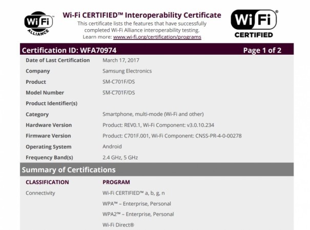 Samsung Galaxy C7 Pro get Wi-Fi Alliance certifications Samsung Galaxy C7 Pro, Wi-Fi Alliance, certification