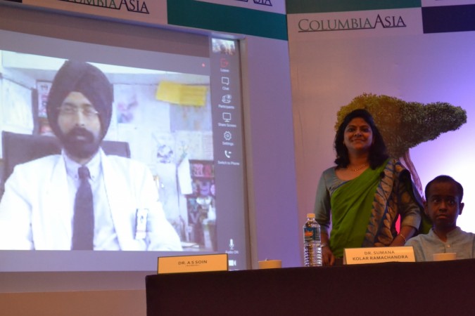 Dr. A S Soin, Chief Hepatobiliary and Liver Transplant Surgeon Chairman, Medanta Institute of Liver Transplantation and Regenerative Medicine, Medanta-The Medicity addressing the media on Skype, with Dr. Sumana Kolar Ramachandra, Chief of Liver Transplant and Sanish Bharat, the patient. (L to R) Rare, transplant, kidney, liver, health,