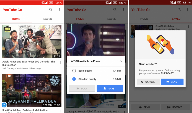 Screenshots of YouTube Go's interface. YouTube Go app