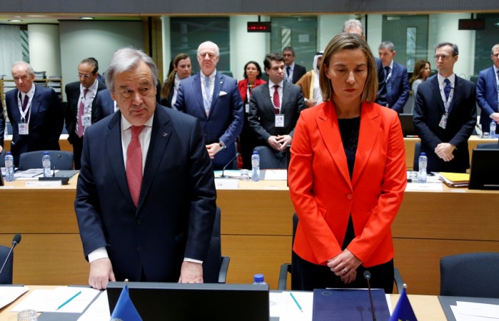 UN Secretary General Antonio Guterres and EU foreign policy chief Federica Mogherini observe a minute of silence in respect for the victims of suspected Syrian government chemical attack UN Syria attack
