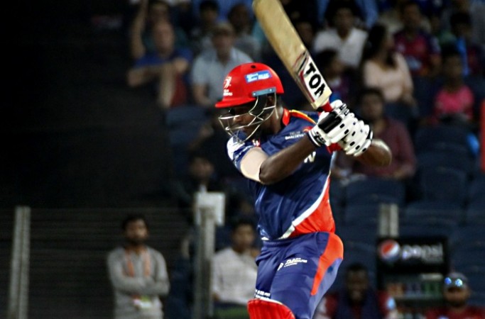 Sanju Samson plays a shot through the offside during his brilliant hundred, April 11, 2017 Sanju Samson, Delhi Daredevils, IPL 2017, RPS, century
