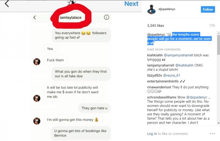 Conversation with Instagram model Layla Lace shared by DJ Spade on Instagram. DJ Spade