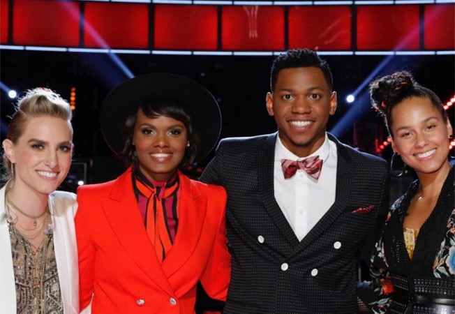 Stephanie Rice, Vanessa Ferguson and Chris Blue with their coach Alicia Keys on The Voice USA 2017 Season 12