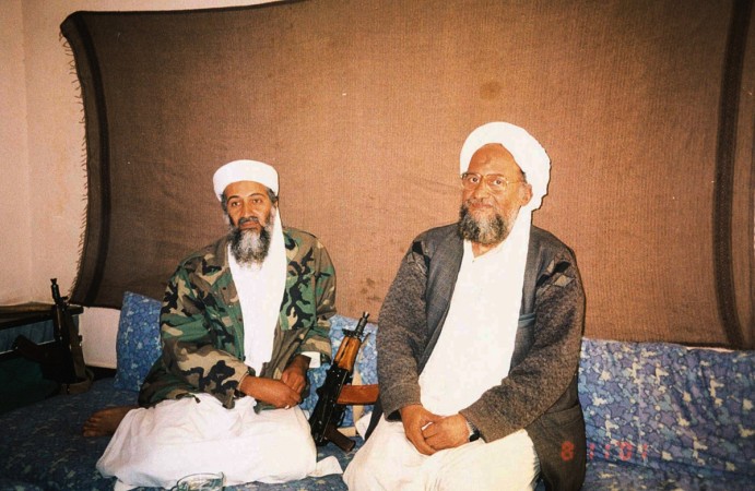 Osama bin Laden (L) sits with his adviser Ayman al-Zawahiri, an Egyptian linked to the al Qaeda network, during an interview with Pakistani journalist Hamid Mir (not pictured) in an image supplied by the respected Dawn newspaper November 10, 2001. Al Qaeda, Osama Bin Laden