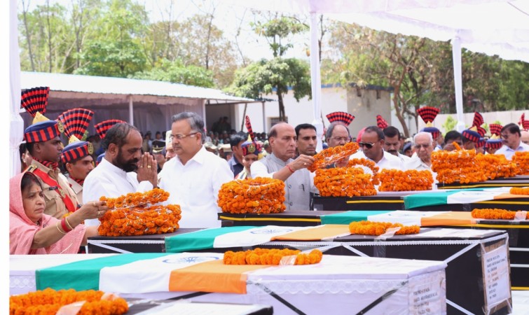Home Minister Rajnath Singh and Chhattisgarh Chief Minister Raman Singh at the wreath laying ceremony of the 25 CRPF jawans who were killed in the Maoist attack in the state's Sukma district. CRPF Rajnath Singh
