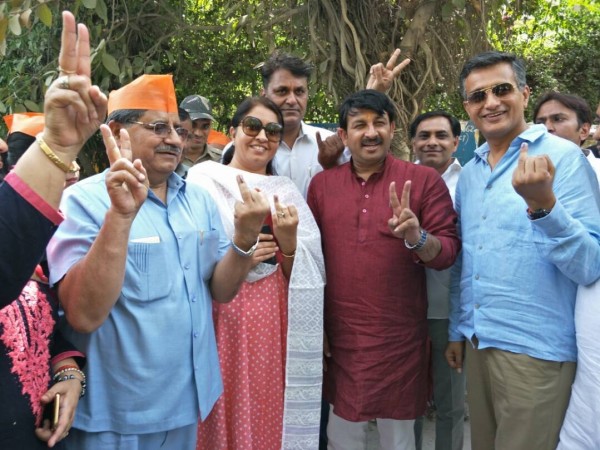 BJP's Manoj Tiwari at a polling booth in New Delhi. MCD Polls