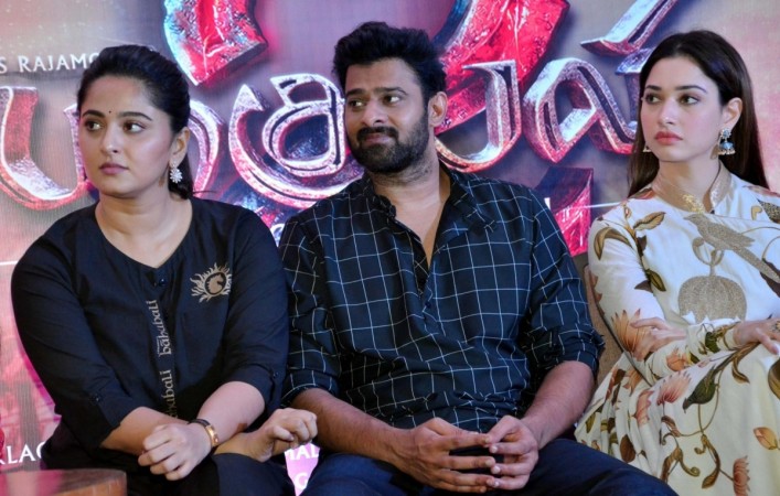 Actors Prabhas, Tamannaah Bhatia and Anushka Shetty during press conference regarding film pvr share price, inox leisure share price, baahubali 2, baahubali 2 the conclusion, Prabhas, Tamannaah Bhatia, Anushka Shetty