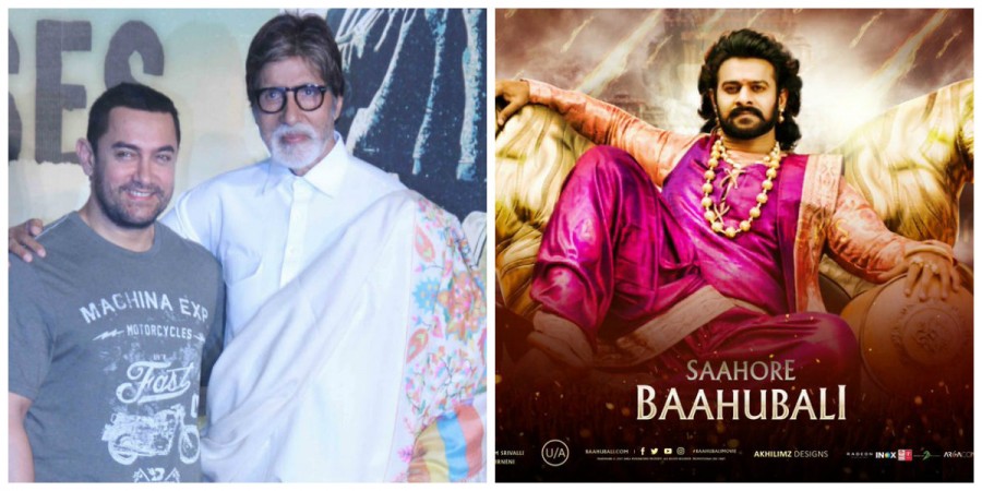 Aamir Khan and Amitabh Bachchan at an event (left), Bahubali 2 poster (right) Thugs of Hindostan and Bahubali 2