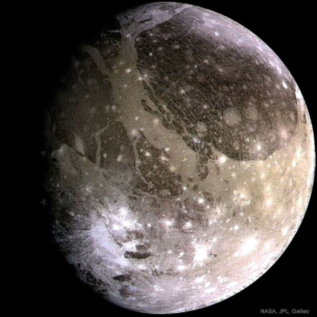 Jupiter's moon Ganymede is the largest moon in the solar system. Ganymede, Jupiter's moon, largest moon, moon, solar system, space,