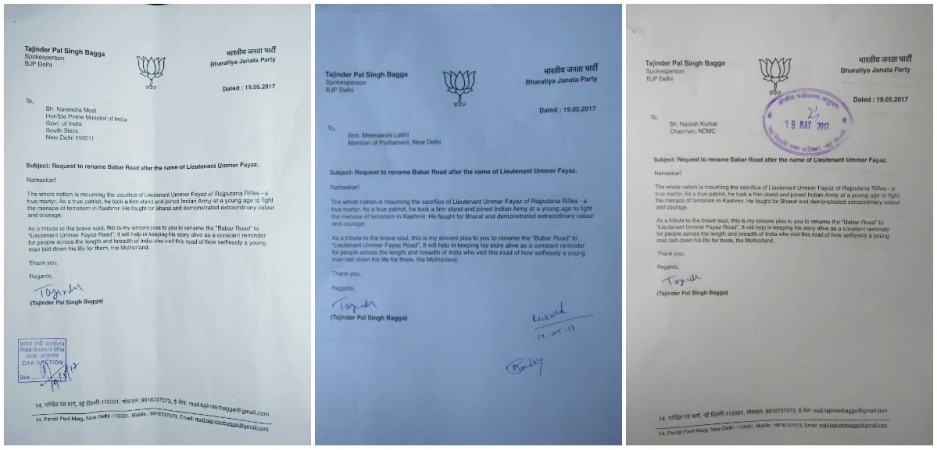In picture: The letters written by Delhi BJP urging Babar Road be renamed after Lt Ummer Fayaz. Lt Ummer Fayaz