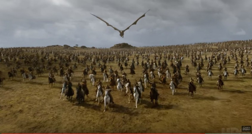 Daenerys' Dothraki army and Dragon in the battlefield. Game of Thrones season 7