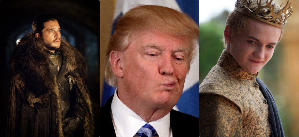 (L to R) Jon Snow (played by Kit Harington), U.S. President Donald Trump and King Joffrey of Game of Thrones Jon Snow, Donald Trump and King Joffrey