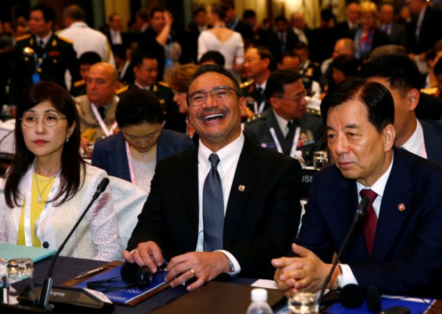 Malaysia's Defence Minister Hishammuddin Hussein laughs as he sits next to Japan's Defence Minister Tomomi Inada and South Korea's Defence Minister Han Min-koo at the 16th IISS Shangri-La Dialogue in Singapore June 3, 2017. 16th Shangri-La Dialogue, International Institute for Strategic Studies, Singapore terror threat, global terror attacks, James Mattis, 16th sld,