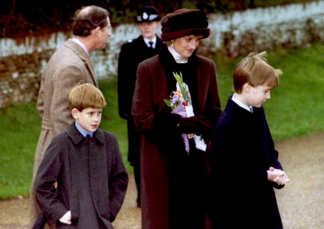 Britain's Prince Charles (background, L), Princess Diana (C) and their sons, William (R) and Harry, leave the church of St. Mary Magdalen near Sandrigham House 25 December. Princess Diana