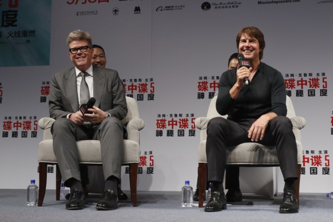 Director Christopher McQuarrie and Tom Cruise at the Shanghai Press Conference of Mission: Impossible - Rogue Nation Christopher McQuarrie and Tom Cruise