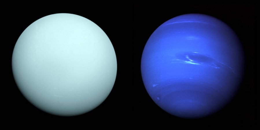 Left: Arriving at Uranus in 1986, Voyager 2 observed a bluish orb with subtle features. A haze layer hid most of the planet's cloud features from view. Right: This image of Neptune was produced from Voyager 2 and shows the Great Dark Spot and its companion bright smudge. nasa, Voyager 2, Neptune, Uranus, space,