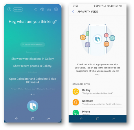 Bixby Voice preview screenshots. Bixby Voice