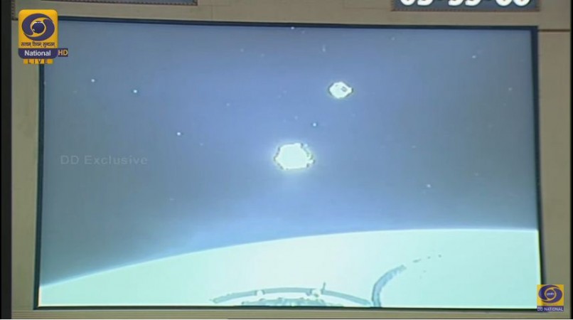 Cartosat and NIUSAT separated from NIUSAT, as seen from the PSLV-C38. Cartosat and NIUSAT