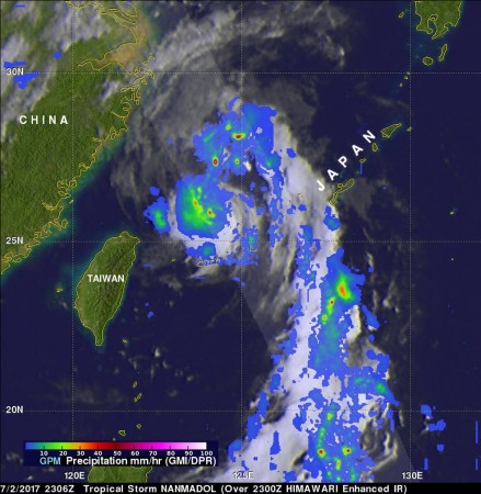 On July 2, NASA/JAXA's GPM Core satellite passed over Nanmadol and found rain was falling at a rate of greater that 184 mm (7.2 inches) per in powerful storms northeast of the storm. nasa, Nanmadol, satellite, storm, environment,