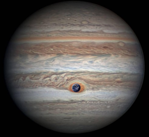 Measuring in at 10,159 miles (16,350 kilometers) in width (as of April 3, 2017) Jupiter's Great Red Spot is 1.3 times as wide as Earth. Jupiter