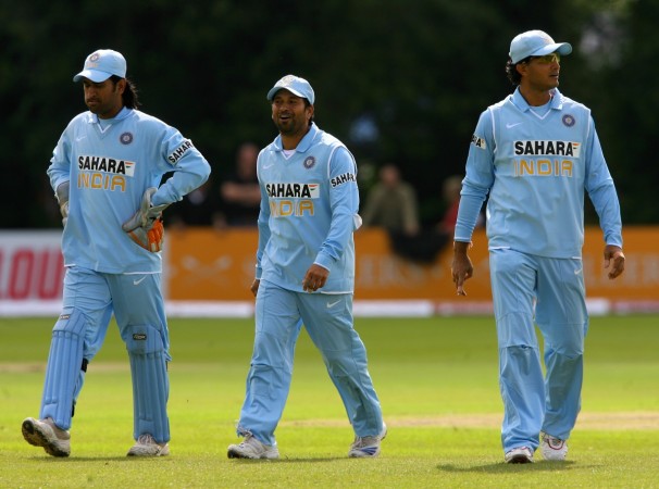Tendulkar (C) along with his former teammates MS Dhoni (L) and Sourav Ganguly (R) Sachin Tendulkar
