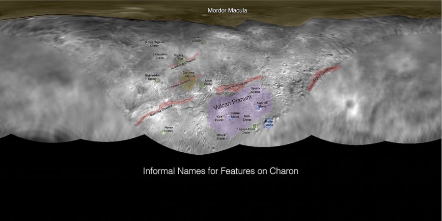 This image contains the initial, informal names being used by the New Horizons team for the features on Pluto's largest moon, Charon. nasa, Charon moon, Pluto, space,