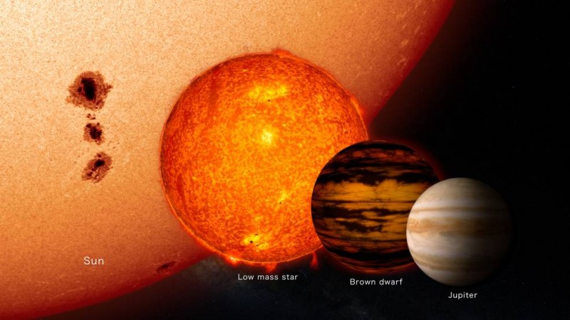 This illustration shows the average brown dwarf is much smaller than our sun and low mass stars and only slightly larger than the planet Jupiter. nasa, brown dwarf , star, Jupiter, space,