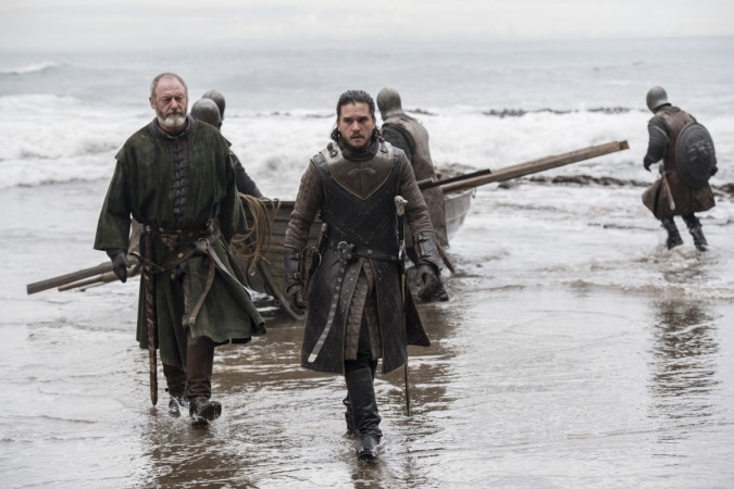 Kit Harington as Jon Snow in Game of Thrones season 8 Kit Harington as Jon Snow with Liam Cunningham as Davos Seaworth