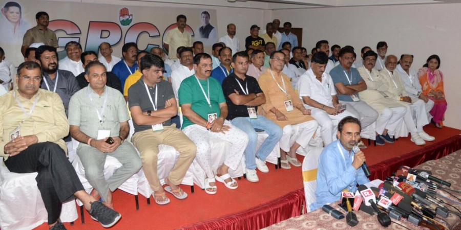 In picture: Gujarat Congress MLA and party spokesperson Shaktisinh Gohil speaks to reporters in Bengaluru on Sunday, July 30, 2017. Gujarat Congress