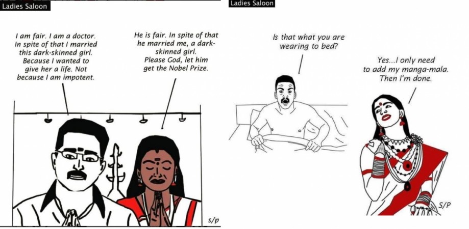Funny illustrations by Sudha Pillai taking a dig at Malayalam tele serials. Karuthamuthu, Chandanamazha, Malayalam serial