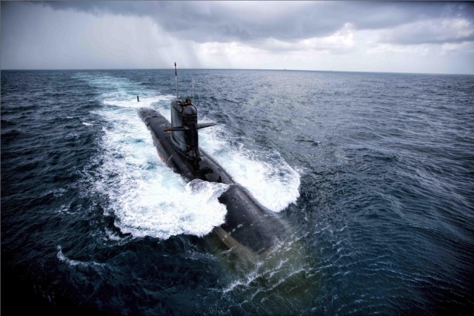 The INS Kalvari during its first torpedo firing trials, May 2017. INS Kalvari