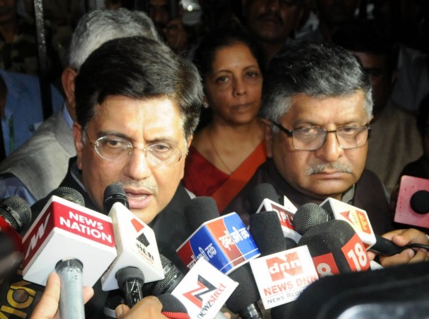 Union Minister and BJP leaders Piyush Goel and Ravi Shankar Prasad talk to reporters after meeting the Election Commissioners in New Delhi, on Aug 8, 2017. Ravi Shankar Prasad
