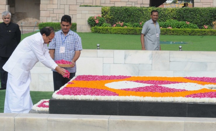 Vice President-elect, M. Venkaiah Naidu pays floral tributes at the Samadhi of Mahatma Gandhi, at Rajghat, in Delhi on August 11, 2017. Venkaiah Naidu