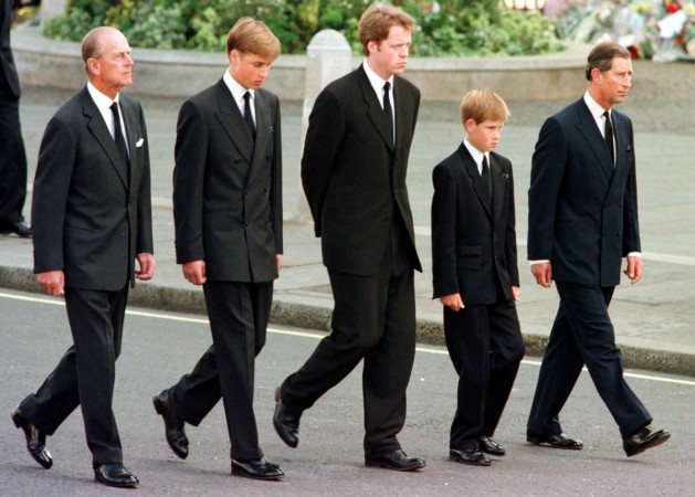 The Duke of Edinburgh, Prince William, Earl Spencer, Prince Harry and Prince Charles walk outside Westminster Abbey during the funeral service for Diana, Princess of Wales, 06 September. Princess Diana death funeral