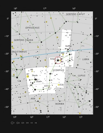 This chart shows the prominent constellation of Scorpius (The Scorpion). At the heart of this very striking grouping of stars lies the bright red supergiant star Antares. Antares, red giant, ESO, space,
