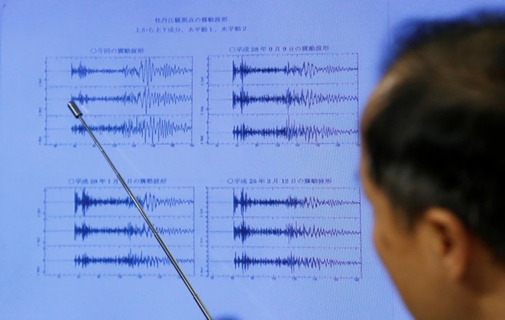 Japan Meteorological Agency's earthquake and tsunami observations division director Toshiyuki Matsumori points at graphs of ground motion waveform data observed in Japan during a news conference at the Japan Meteorological Agency in Tokyo, Japan, September 3, 2017, following the earthquake felt in North Korea and believed to be a nuclear test. North korea nuclear test