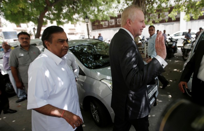 Bob Dudley (right), CEO of BP gas company, and Mukesh Ambani, chairman and managing director of Reliance Industries, leave after meeting Minister of Petroleum and Natural Gas Dharmendra Pradhan in New Delhi on June 15, 2017. REUTERS/Adnan Abidi Reliance Industries