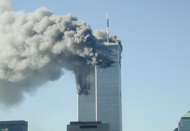 Smoke pours from the World Trade Center after being hit by two planes September 11, 2001 in New York City. World Trade Center attack
