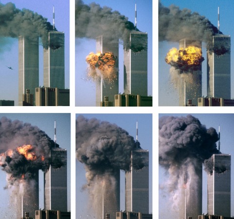 This series of photographs shows hijacked United Airlines Flight 175 as it approaches (upper L) and impacts the World Trade Center's south tower (L), bursting into flames and raining a hail of debris on lower Manhattan September 11, 2001. A gaping hole in the north tower (R) can be seen following a similar attack earlier in the day. World Trade Center attack