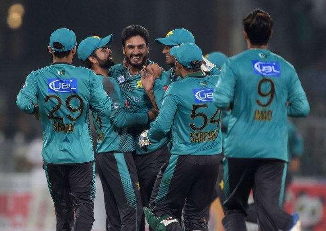 Pakistani bowler Rumman Raees (centre) celebrates with team-mates after dismissing World XI batsman Tamim Iqbal during their T20I at Lahore's Gadaffi Stadium on Tuesday (September 12). Pakistan cricket